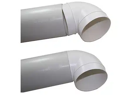 Round plastic ducting length with 90 degree bend connected 